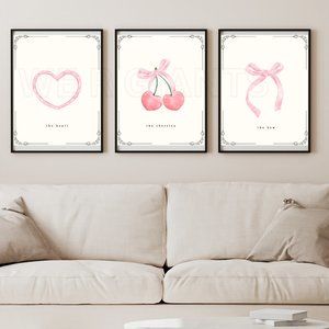 Aesthetic Heart, Bow, and Cherries 11 x 17 Set of 3 Art Print
